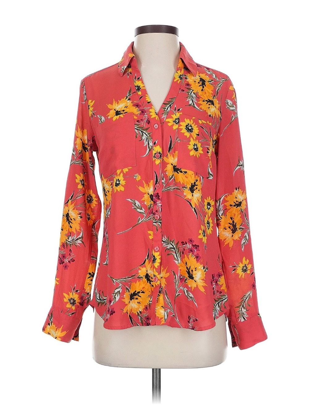 Express Coral Button-Down Shirt with Yellow Floral Print